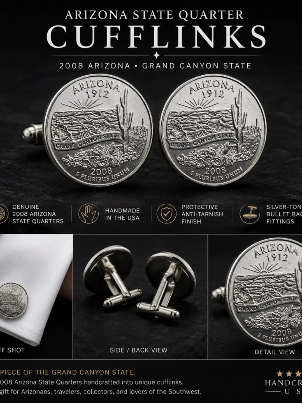 Handcrafted Arizona State Quarter Coin Cufflinks – 2008 Grand Canyon Design